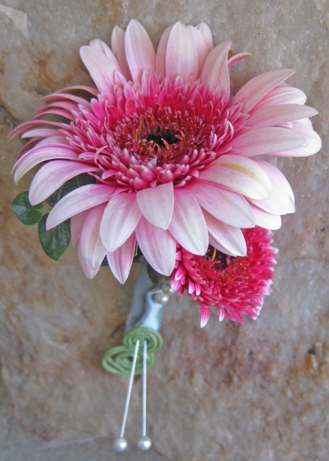 The grooms boutonniere is a simple mini gerbera daisy and gerbera daisy 